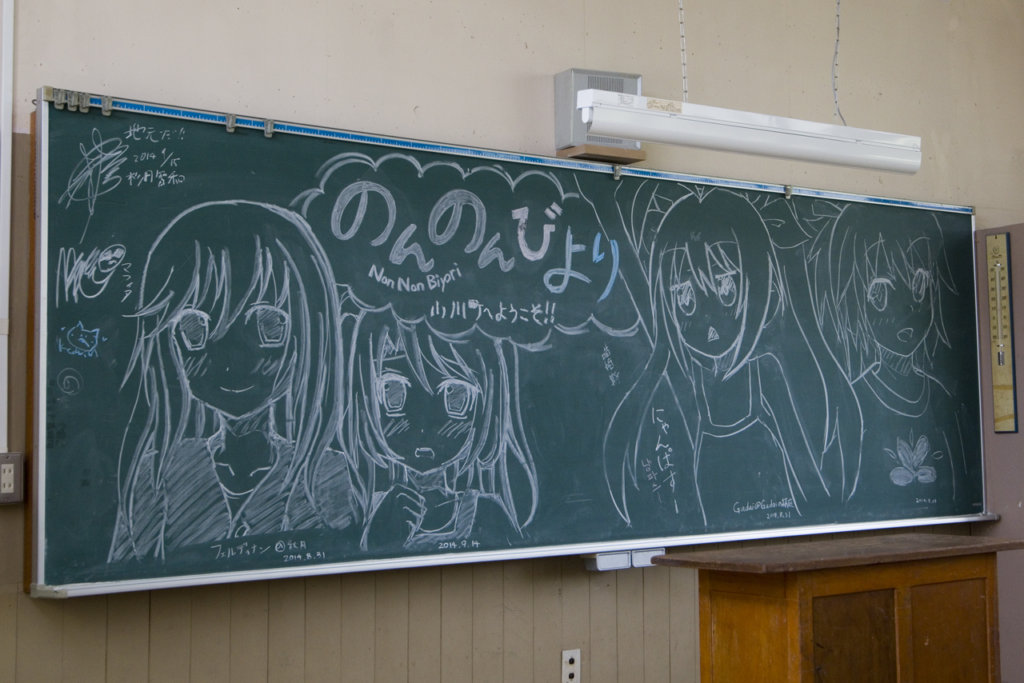 教室の黒板に描かれた「のんのんびより」のイラストと有名人のサイン