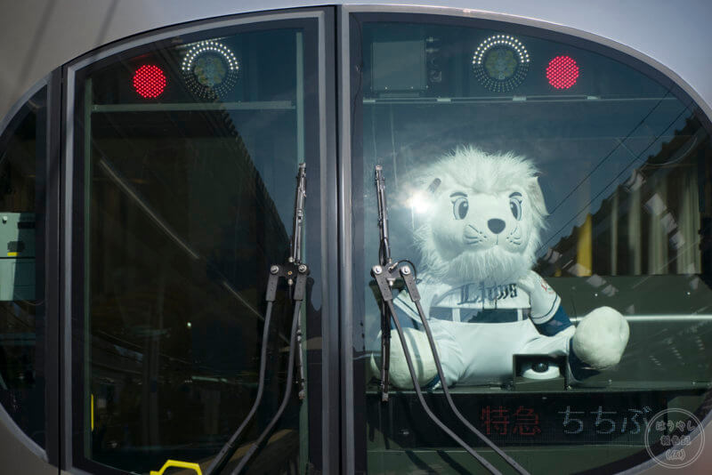 001系の運転台に乗る埼玉西武ライオンズのマスコットキャラクター「レオ」のぬいぐるみ
