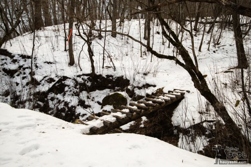 雪に埋もれる丸太の橋